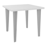 Table de bureau carrée L80xP80 bords arrondis pré percés centré pour 1 obturateur mélamine blanc neige élement départ sur piètement fixe éléctrifiable métal lisse gris aluminium