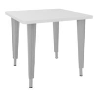 Table de bureau carrée L80xP80 bords arrondis pré percés centré pour 1 obturateur mélamine blanc neige élement départ sur piètement réglable en hauteur éléctrifiable métal lisse gris aluminium