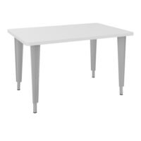 Table de bureau rectangulaire L120xP80 bords arrondis pré percés pour 2 obturateurs mélamine blanc neige élement départ sur piètement réglable en hauteur éléctrifiable métal lisse gris aluminium