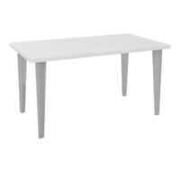 Table de bureau rectangulaire L140xP80 bords arrondis pré percés pour 2 obturateurs décor mélamine blanc neige élement départ sur piètement fixe métal lisse gris aluminium