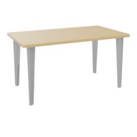 Table de bureau rectangulaire L140xP80 bords arrondis pré percés pour 2 obturateurs Chêne naturel élement départ sur piètement fixe métal lisse gris aluminium