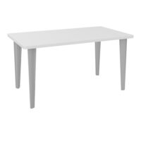 Table de bureau rectangulaire L140xP80 bords arrondis pré percés pour 2 obturateurs décor mélamine blanc neige élement départ sur piètement fixe éléctrifiable métal lisse gris aluminium