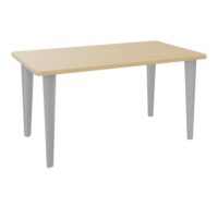 Table de bureau rectangulaire L140xP80 bords arrondis pré percés pour 2 obturateurs Chêne naturel élement départ sur piètement fixe éléctrifiable métal lisse gris aluminium