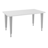 Table de bureau rectangulaire L140xP80 bords arrondis pré percés pour 2 obturateurs décor mélamine blanc neige élement départ sur piètement réglable en hauteur éléctrifiable métal lisse gris aluminium