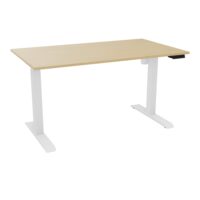 Bureau rectangulaire Lutz 2 L. 140 cm x P. 80 cm plateau nu épaisseur 19 mm Chêne naturel piètements I section carrée 70x70mm motorisés réglables en hauteur avec boîtier de commande 3 positions métal lisse blan