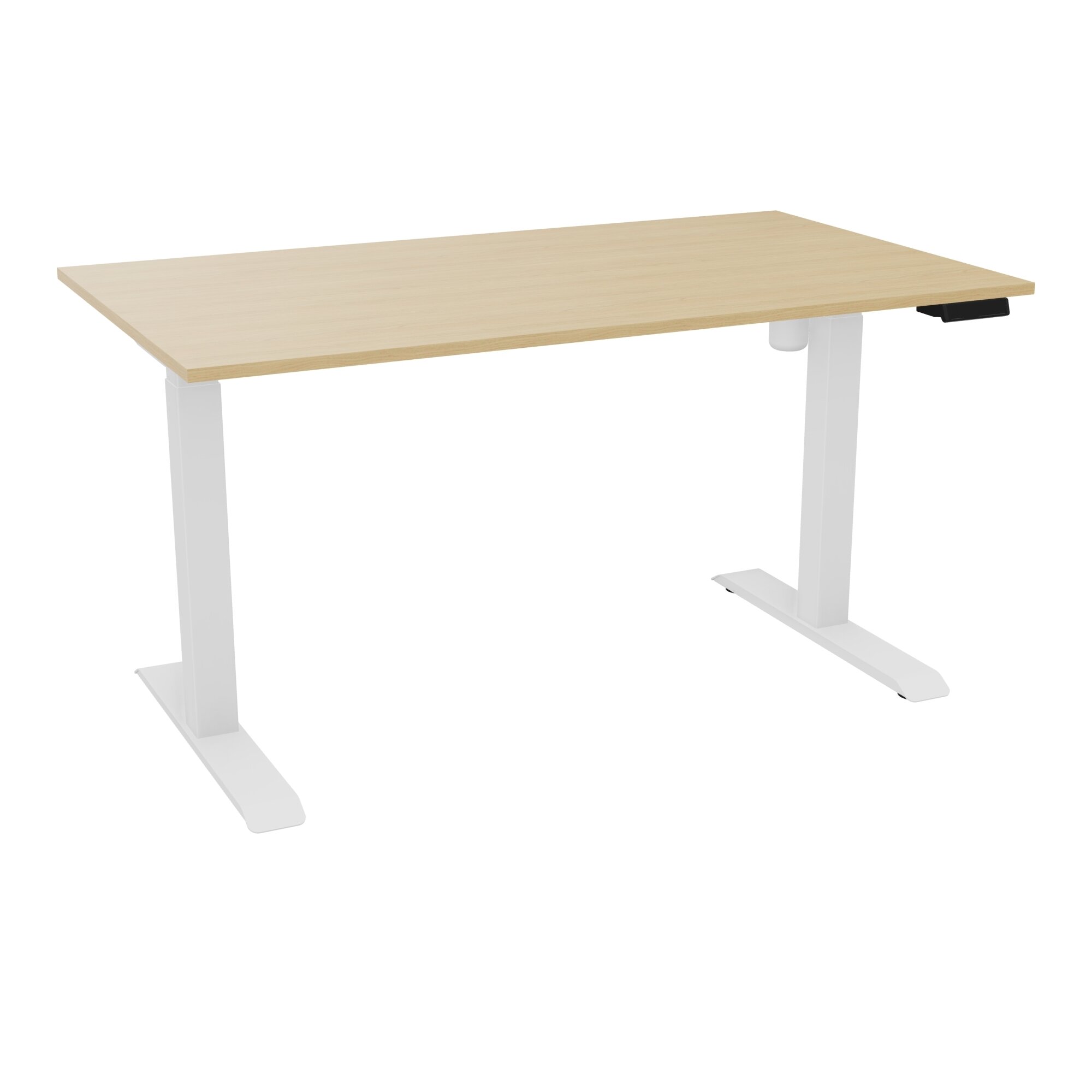 Bureau rectangulaire Lutz 2 L. 140 cm x P. 80 cm plateau nu épaisseur 19 mm Chêne naturel piètements I section carrée 70x70mm motorisés réglables en hauteur avec boîtier de commande 3 positions métal lisse blan