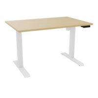 Bureau rectangulaire Lutz 2 L. 120 cm x P. 80 cm plateau pré-percé 2 obturateurs épaisseur 25 mm Chêne naturel piètements I section carrée 70x70mm motorisés réglables en hauteur avec boîtier de commande 3 posit