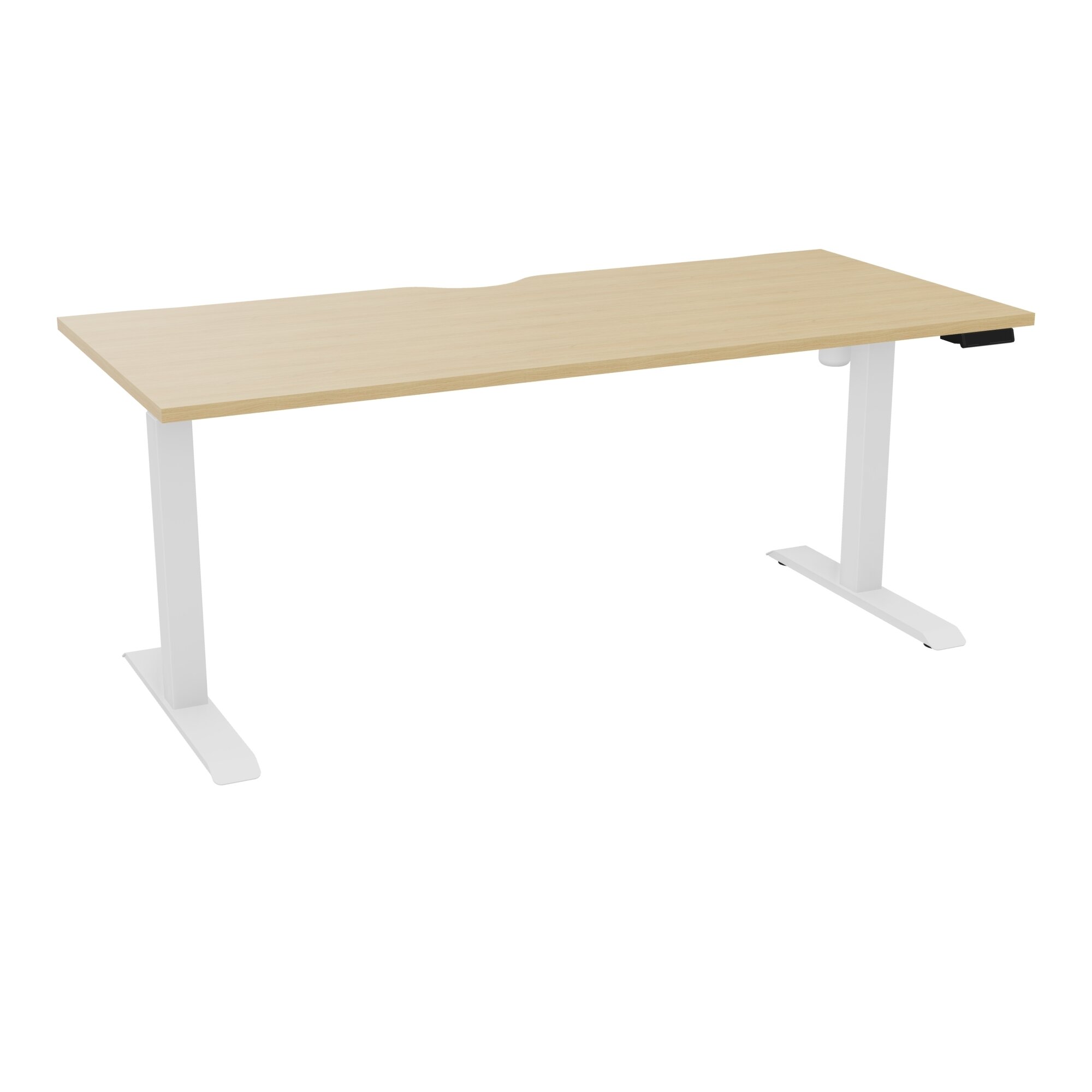 Bureau rectangulaire Lutz 2 L. 180 cm x P. 80 cm plateau échancré épaisseur 25 mm Chêne naturel piètements I section carrée 70x70mm motorisés réglables en hauteur avec boîtier de commande 3 positions métal liss