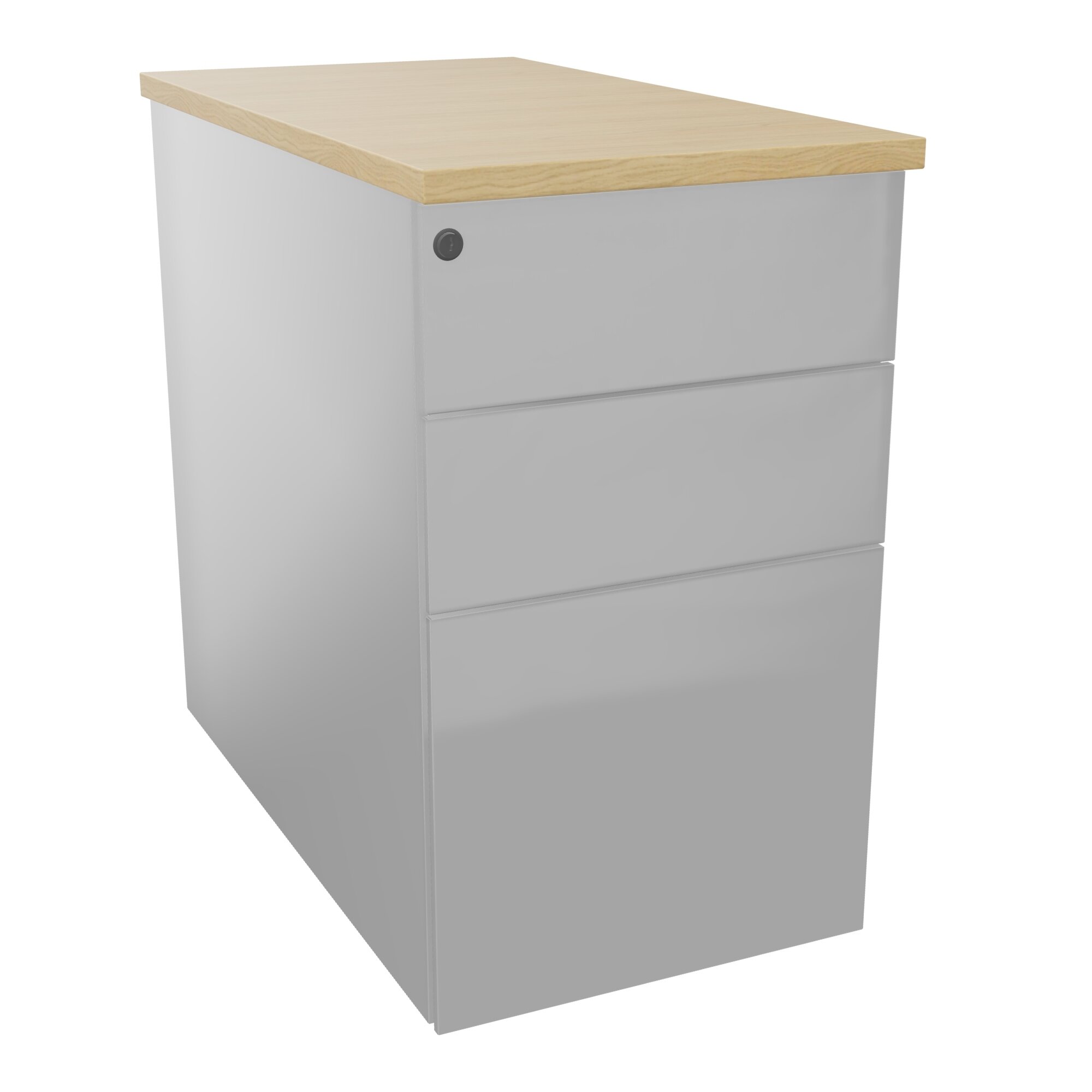 Caisson hauteur bureau métal gris aluminium L. 43,2 x P. 80 x H. 73,5 cm 3 tiroirs dont 1 pour dossiers suspendus top ép. 25 mm mélamine Chêne naturel