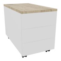 Caisson mobile grande profondeur métal lisse blanc L. 43,2 x P. 80 x H. 57,4 cm - top ép. 25 mm mélamine chêne Brunzwick - 3 tiroirs + tirette plumier