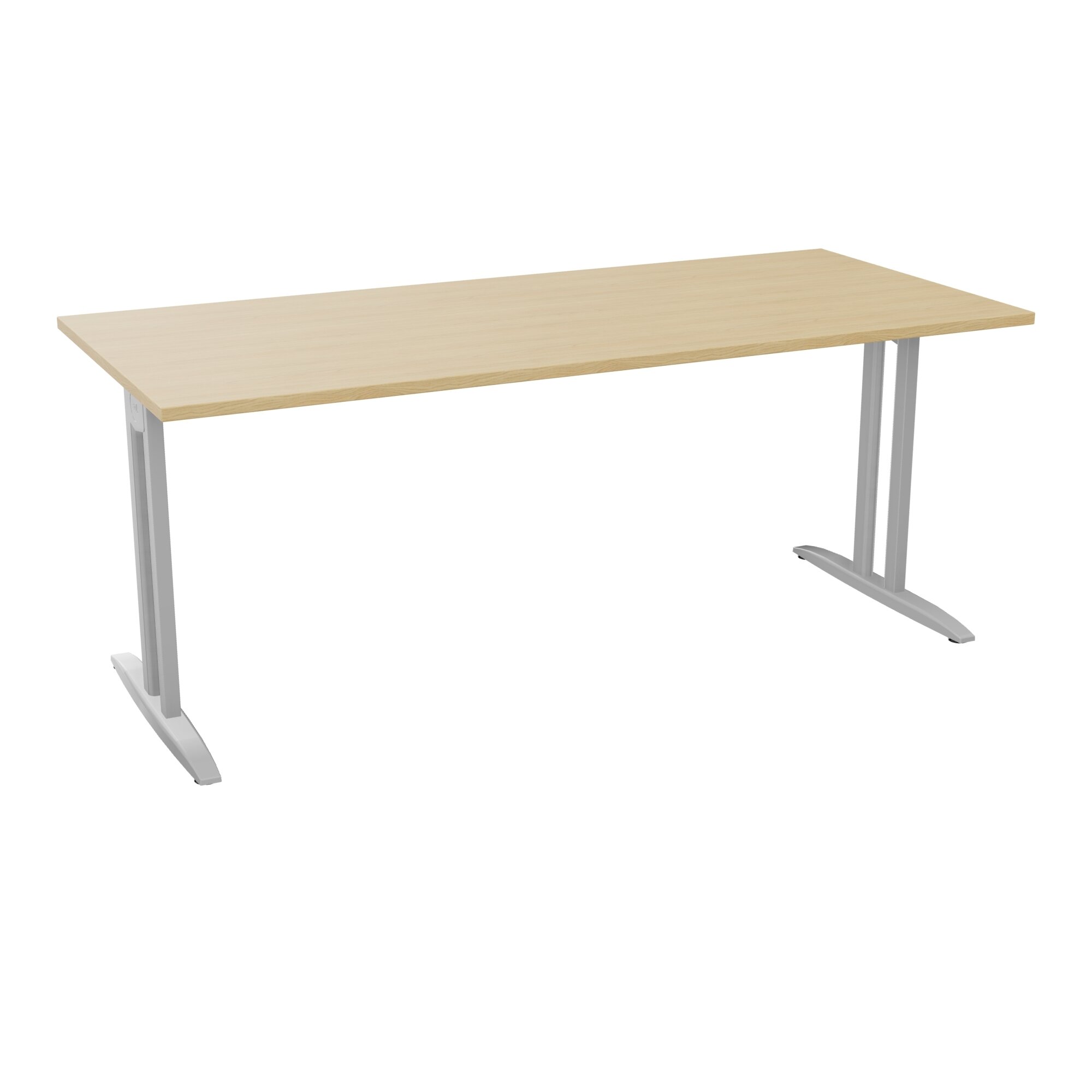 Table de bureau rectangulaire IdoL L. 180 x P. 80 cm décor mélamine Chêne naturel sur pieds I fixes centrés finition métal lisse gris aluminium avec traverse - sans carter