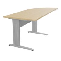 Bureau Idol P. 80 cm x L. 205 cm avec angle 90° intégré à droite côté utilisateur Plateau mélamine Chêne naturel - piétement fixe et voile de fond métal lisse gris aluminium avec enjoliveur métal lisse gris alu