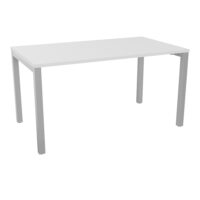 Bureau rectangle Arial L. 140 cm x P 80 cm ep. 25mm prépercé pour obturateurs mélamine blanc neige pied carré arche fixe métal lisse gris aluminium