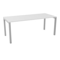 Bureau rectangle Arial L. 180 cm x P 80 cm ep. 25mm prépercé pour obturateurs mélamine blanc neige pied carré arche fixe métal lisse gris aluminium