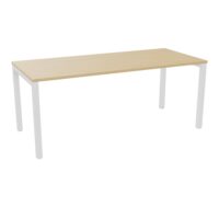 Bureau rectangle Arial L. 180 cm x P 80 cm ep. 25mm prépercé pour obturateurs mélamine Chêne naturel pied carré arche fixe métal lisse blanc