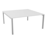 Bureau départ monoplateau Arial L.160 cm x P. 165 cm pré-percé obutrateur EP25mm mélamine blanc neige pied arche carré fixe métal lisse gris aluminium