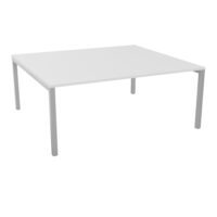 Bureau départ monoplateau Arial L.180 cm x P. 165 cm pré-percé obutrateur EP25mm mélamine blanc neige pied arche carré fixe métal lisse gris aluminium