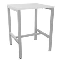 Table carrée Arial L. 80 cm x P. 80 cm x H. 104,5 plateau pré-percé obturateur mélamine blanc neige pied arche carrée fixe avec repose pied métal lisse gris aluminium