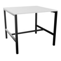 Table carrée 4P Arial L. 120 cm x P. 120 cm x H. 104,5 prépercé obturateur au centre mélamine blanc neige pied arche carrée fixe avec repose pied métal lisse noir