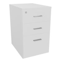 Retour Melina sur caisson hauteur bureau P. 60 cm x L. 43,2 cm 3 tiroirs dont 1 dossier suspendu mélamine blanc neige top épaisseur 25mm mélamine blanc neige poignées métal gris aluminium