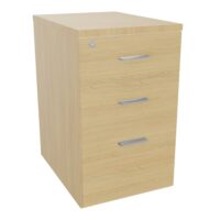 Retour Melina sur caisson hauteur bureau P. 60 cm x L. 43,2 cm 3 tiroirs dont 1 dossier suspendu mélamine Chêne naturel top épaisseur 25mm mélamine Chêne naturel poignées métal gris aluminium