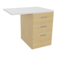 Retour Melina sur caisson hauteur bureau P. 60 cm x L. 80 cm 3 tiroirs dont 1 dossier suspendu mélamine Chêne naturel top épaisseur 25mm mélamine blanc neige poignées métal gris aluminium
