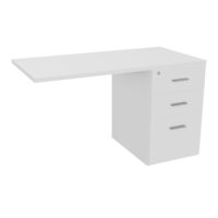 Retour Melina sur caisson hauteur bureau P. 60 cm x L. 120 cm 3 tiroirs dont 1 dossier suspendu mélamine blanc neige top épaisseur 25mm mélamine blanc neige poignées métal gris aluminium