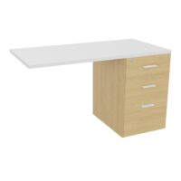Retour Melina sur caisson hauteur bureau P. 60 cm x L. 120 cm 3 tiroirs dont 1 dossier suspendu mélamine Chêne naturel top épaisseur 25mm mélamine blanc neige poignées métal lisse blanc