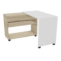 Bureau Compact Homere mobile corps mélamine chêne Brunswick plateau pivotant mélamine blanc neige épaisseur 25mm sur 6 roulettes
