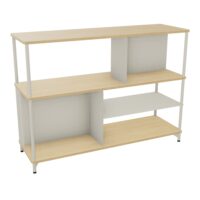 Bibliothèque Karl L. 141 cm x H. 103 cm x P. 45 cm 2 niveaux top et tablette mélamine Chêne naturel structure métal lisse blanc nacré