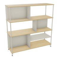 Bibliothèque Karl L. 141 cm x H. 143,5 cm x P. 45 cm 3 niveaux top et tablette mélamine Chêne naturel structure métal lisse blanc nacré