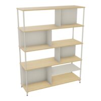 Bibliothèque Karl L. 141 cm x H. 184 cm x P. 45 cm 4 niveaux top et tablette mélamine Chêne naturel structure métal lisse blanc nacré