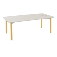 Bureau Karl rectangulaire L. 200 cm x P. 100 cm plateau percé trappe droite ou gauche mélamine lin pietement bois hêtre massif vernis/ métal lisse blanc nacré