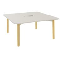 Table de réunion carrée Karl L. 150 cm x P. 150 cm plateau percé trappe centrale mélamine lin pietement bois hêtre massif vernis/ métal lisse blanc nacré
