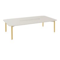 Table de réunion modulaire Karl L. 150 cm x P. 280 cm plateau mélamine lin 4 pietement bois hêtre massif vernis/ dont 1 éléctrifié métal lisse blanc nacré