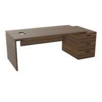 Bureau Kara rectangulaire L. 180 x P. 90cm mélamine noyer brun sur caisson porteur 3 tiroirs à droite - découpé pour trappe