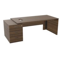 Bureau Kara rectangulaire L. 180 x P. 90cm mélamine noyer brun sur caisson porteur 3 tiroirs à gauche - découpé pour trappe