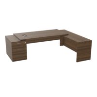 Bureau Kara rectangulaire L. 180 x P. 90cm mélamine noyer brun sur retour et caisson porteurs - découpé pour trappe