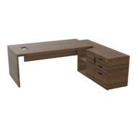 Bureau Kara rectangulaire L. 180 x P. 90cm mélamine noyer brun sur meuble de rangement porteur à droite - découpé pour trappe