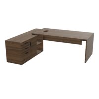 Bureau Kara rectangulaire L. 180 x P. 90cm mélamine noyer brun sur meuble de rangement porteur à gauche - découpé pour trappe