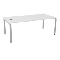 Bureau Rio rectangulaire L. 200cm x P. 100 mélamine blanc neige percé pour trappe latérale + goulotte piètement arche métal lisse gris aluminium