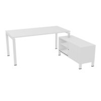 Bureau Rio avec meuble retour porteur à droite simple accès L. 178 cm x P. 168 cm mélamine blanc neige plateau L. 160 cm x P. 80 cm percé pour obturateur mélamine blanc neige piètement arche métal structuré bla