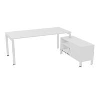 Bureau Rio avec meuble retour porteur à droite simple accès L. 198 cm x P. 168 cm mélamine blanc neige plateau L. 180 cm x P. 80 cm percé pour obturateur mélamine blanc neige piètement arche métal lisse blanc