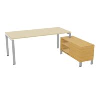 Bureau Rio avec meuble retour porteur à droite simple accès L. 198 cm x P. 168 cm mélamine Hêtre clair plateau L. 180 cm x P. 80 cm percé pour obturateur mélamine pin maritime piètement arche métal lisse gris a