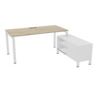 Bureau Rio avec meuble retour porteur à droite simple accès L. 178 cm x P. 168 cm mélamine blanc neige plateau L. 160 cm x P. 80 cm percé pour trappe frontale mélamine chêne Brunswick piètement arche métal liss