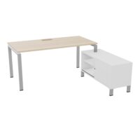 Bureau Rio avec meuble retour porteur à droite simple accès L. 178 cm x P. 168 cm mélamine blanc neige plateau L. 160 cm x P. 80 cm percé pour trappe frontale mélamine acacia de lakeland piètement arche métal l