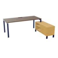 Bureau Rio avec meuble retour porteur à droite simple accès L. 198 cm x P. 168 cm mélamine Hêtre clair plateau L. 180 cm x P. 80 cm percé pour trappe frontale mélamine noyer brun piètement arche métal lisse ble
