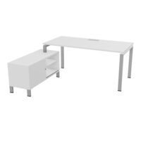 Bureau Rio avec meuble retour porteur à gauche simple accès L. 178 cm x P. 168 cm mélamine blanc neige plateau L. 160 cm x P. 80 cm percé pour trappe frontale mélamine blanc neige piètement arche métal lisse gr