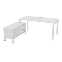 Bureau Rio avec meuble retour porteur à gauche simple accès L. 178 cm x P. 168 cm mélamine blanc neige plateau L. 160 cm x P. 80 cm percé pour trappe frontale mélamine blanc neige piètement arche métal lisse bl