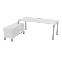 Bureau Rio avec meuble retour porteur à gauche simple accès L. 198 cm x P. 168 cm mélamine blanc neige plateau L. 180 cm x P. 80 cm percé pour trappe frontale mélamine blanc neige piètement arche métal lisse gr